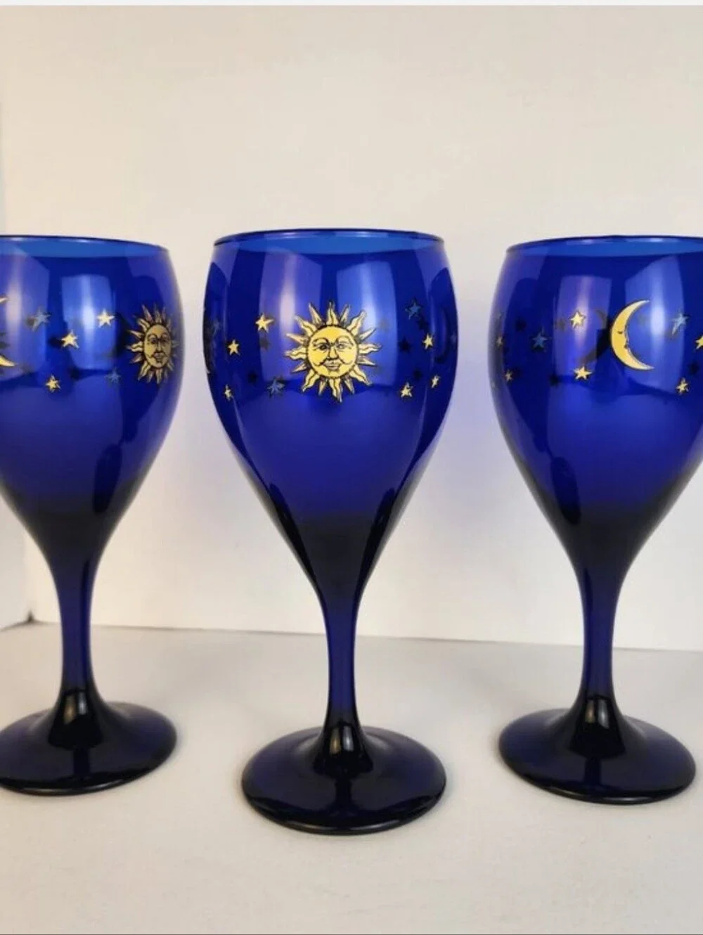 Libbey Cobalt Blue Wine Glasses with Gold Sun and Star Motif